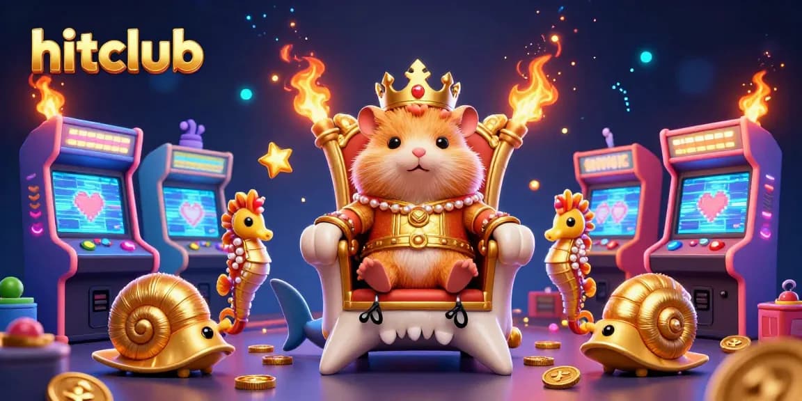 Experience hitclub's vibrant gaming atmosphere with a golden hamster king in a dynamic arcade scene.