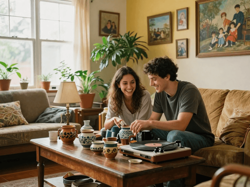 Couple exploring unique finds on rokok88 in a cozy living room filled with vintage treasures.