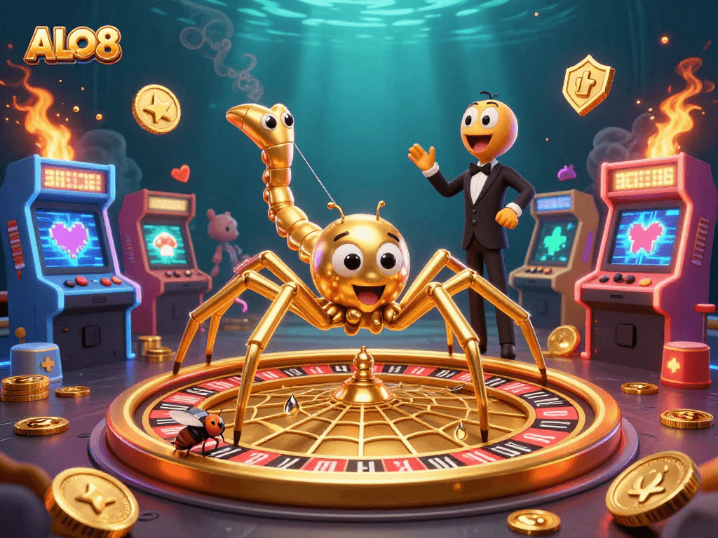 Engage with the excitement of ALO8 as a golden spider crafts a roulette wheel web, perfect for online casino enthusiasts.