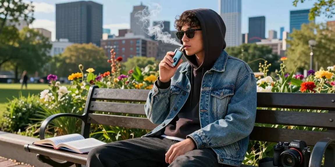 Rokok 88 lifestyle scene featuring a stylish individual with a modern vape in a vibrant urban park.