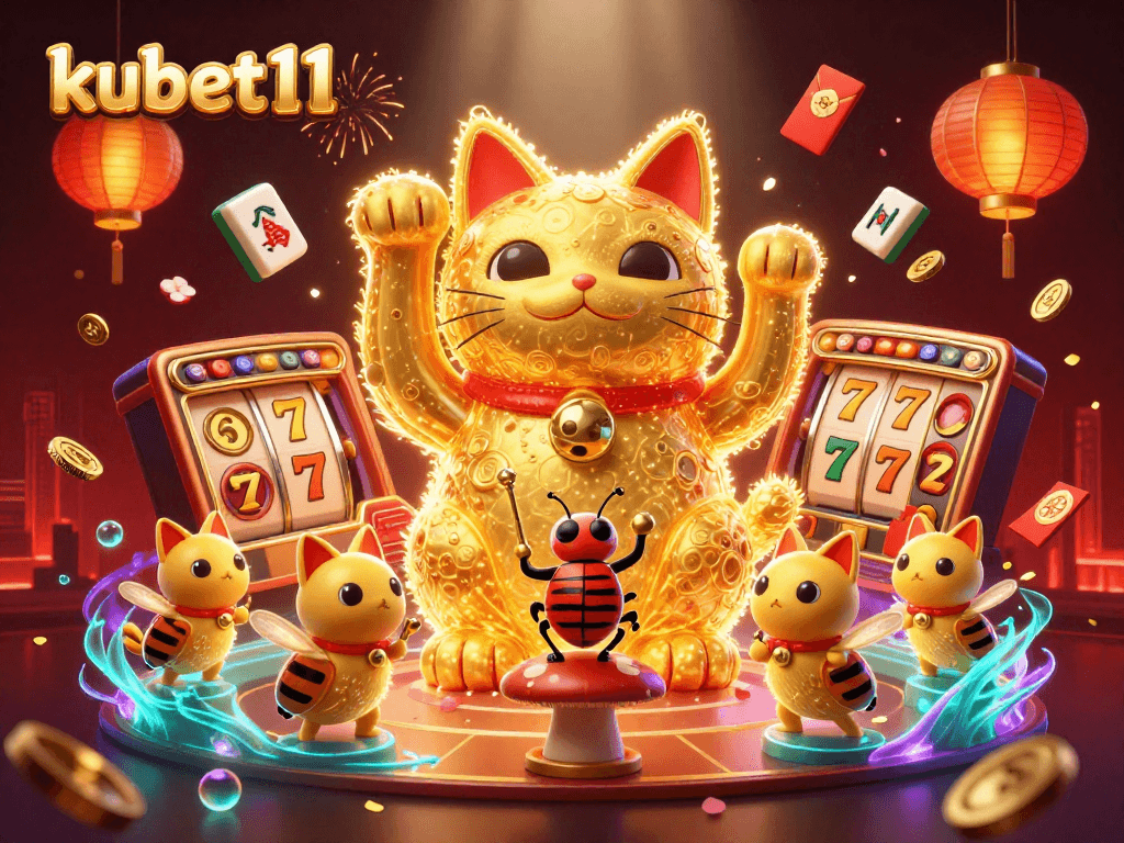 Experience the thrill of kubet11 as a giant lucky cat and fireflies celebrate casino wins.
