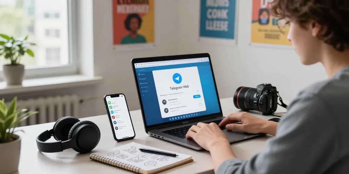 User engaging with Telegram Web Version on a sleek desk setup with laptop and smartphone notifications, showcasing modern communication.