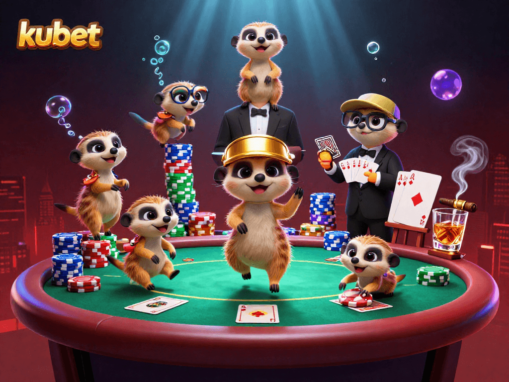 Experience kubet with meerkats managing a vibrant casino scene filled with poker action and excitement.