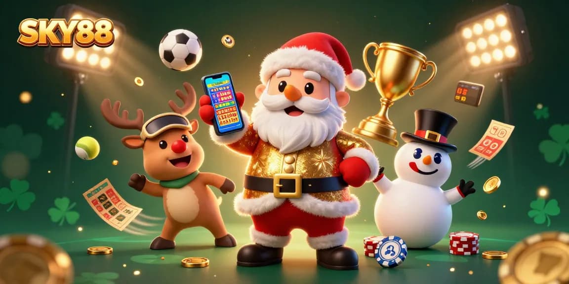 Experience the thrill of SKY88 with Santa celebrating jackpots in a dazzling casino scene.