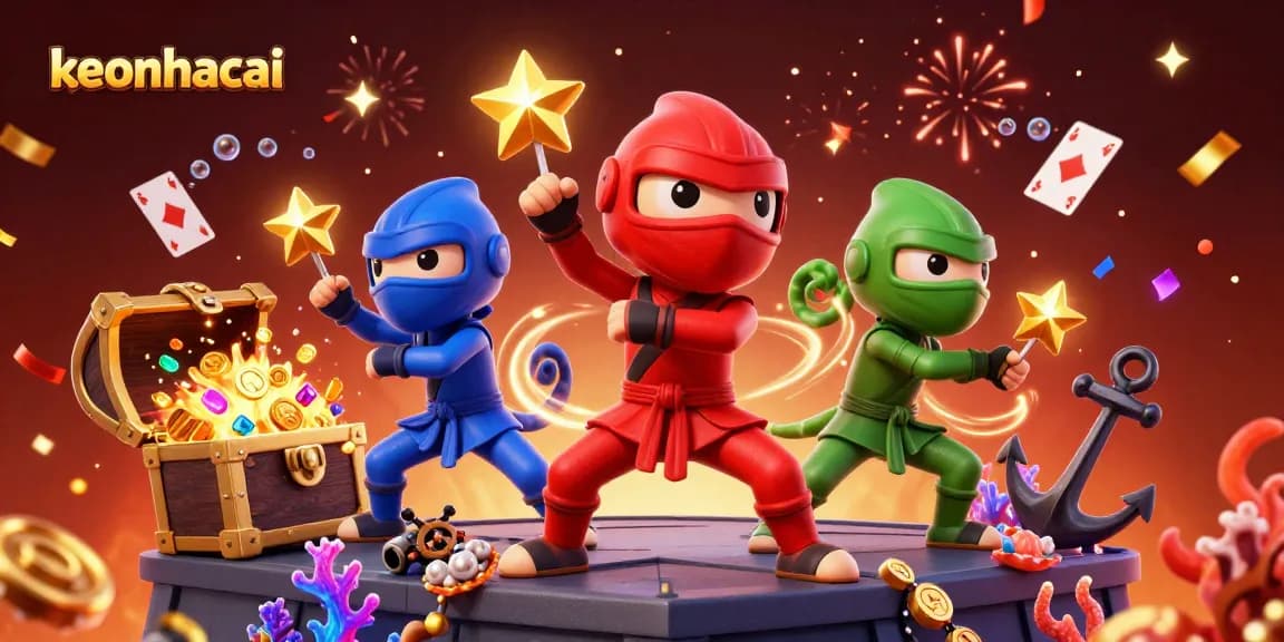 Engage in thrilling action with keonhacai as chameleon ninjas showcase synchronized martial arts in a vibrant casino setting.