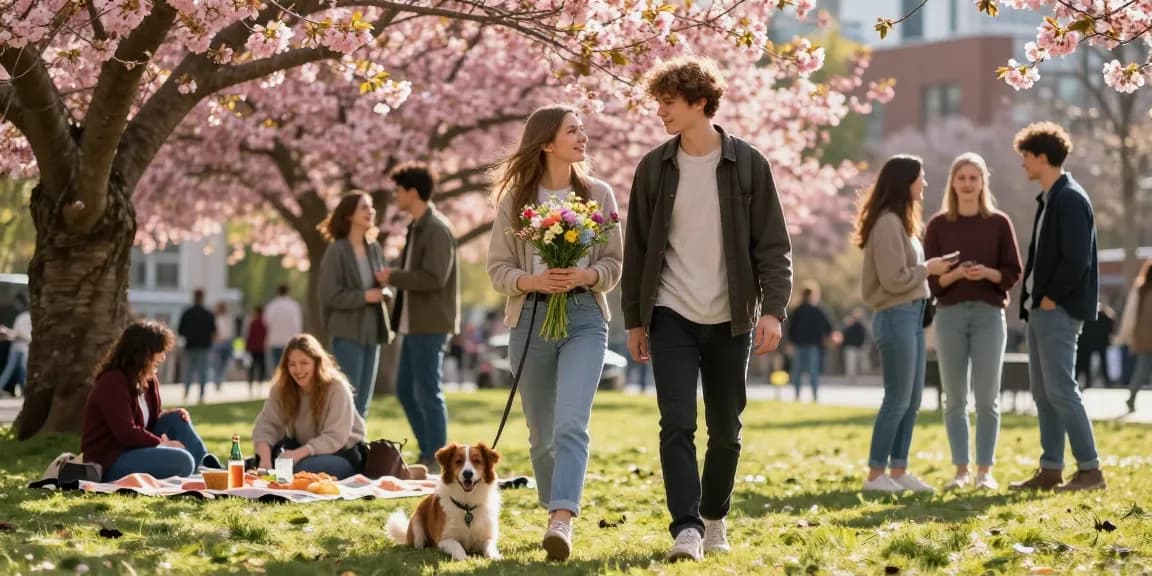 Young adults enjoy a charming afternoon in a park, highlighting a crush on someone special among friends and blossoming nature.