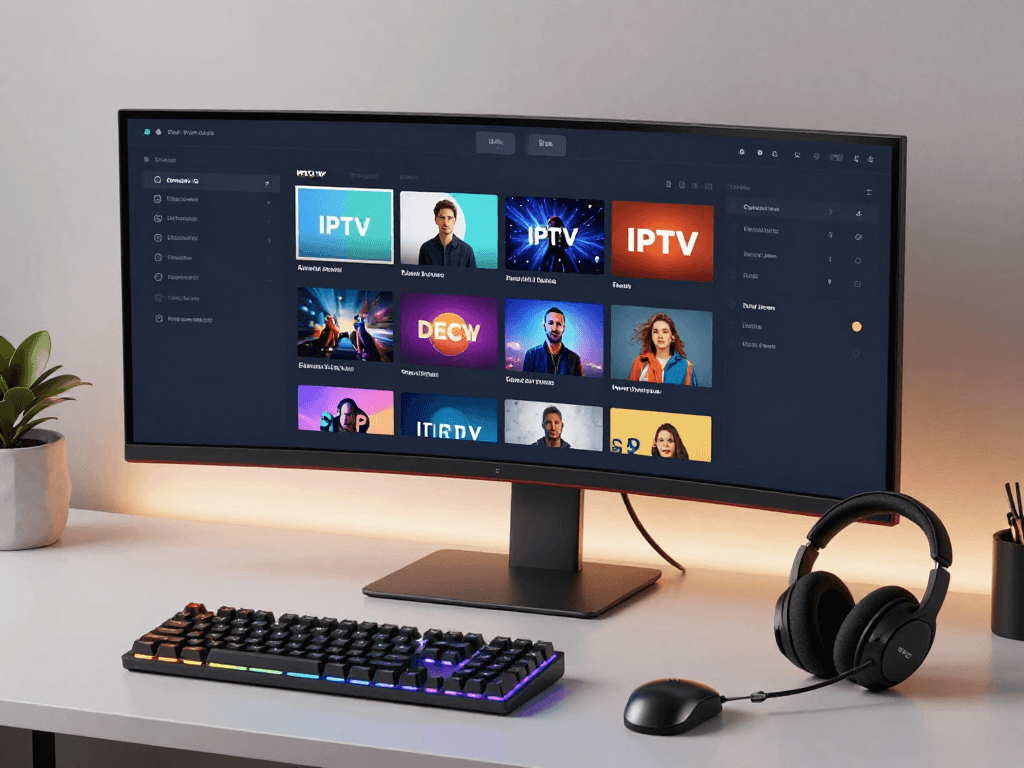 IPTV panel management interface in a modern tech workspace, showcasing advanced analytics and channel listings.