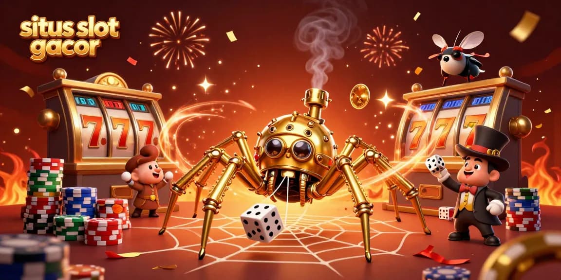 Engage with the exciting situs slot gacor featuring a steampunk spider in a vibrant casino scene.