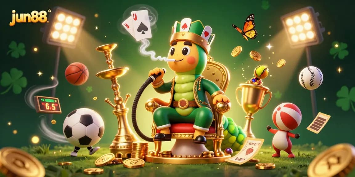 jun88's vibrant online gambling world with sports elements and animated characters in a dazzling scene.