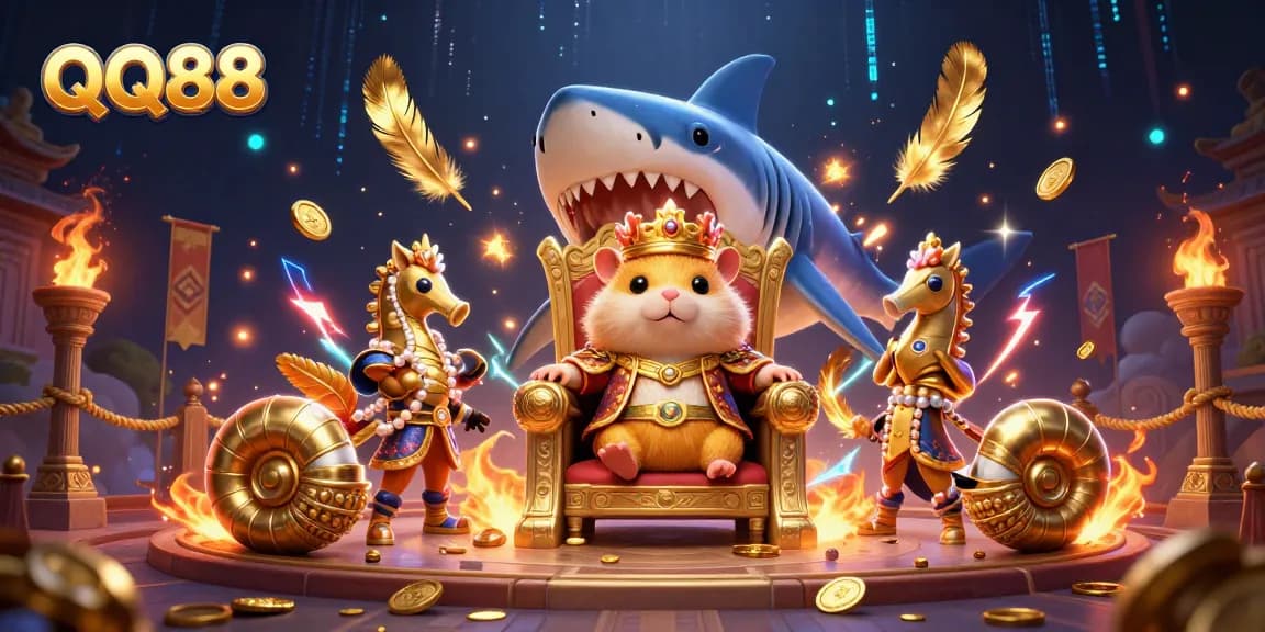 Win at QQ88 with fierce gaming elements in a vibrant 3D casino illustration.