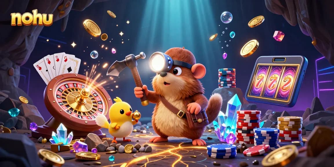Engage in thrilling adventures with nohu, the treasure hunter mole in an energetic casino scene.