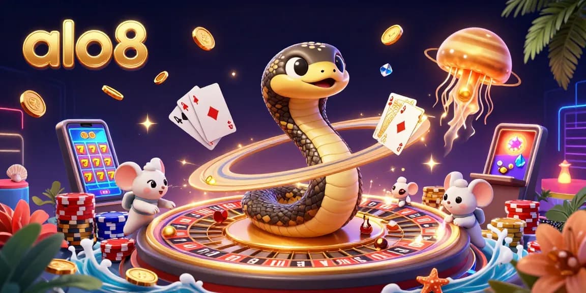 Place bets with ALO8 in a vibrant 3D casino scene featuring cosmic themes and gaming elements.