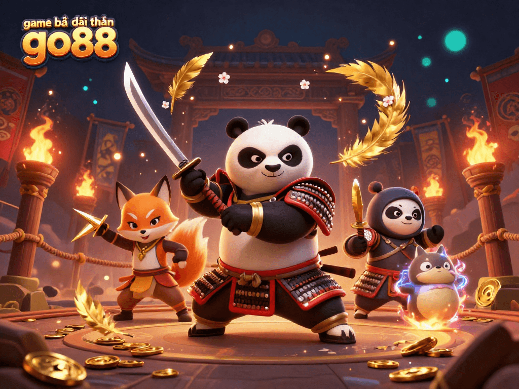Engage in thrilling action with game bài đổi thưởng go88 featuring a samurai panda, ninja fox, and magical tanuki.