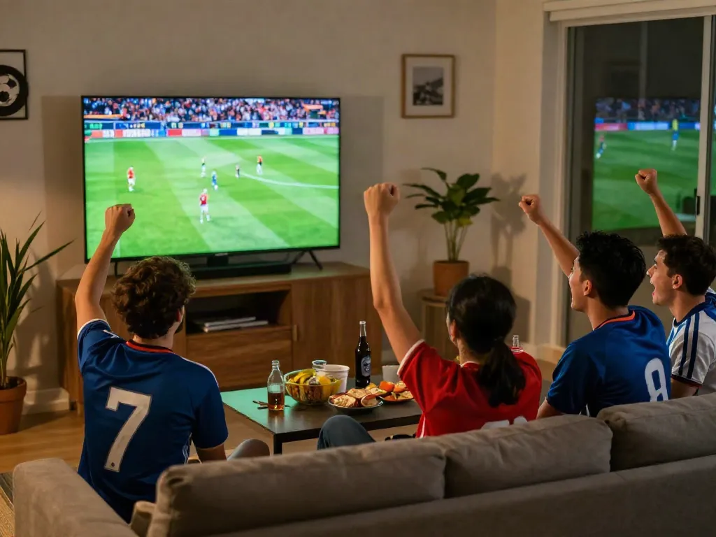 Fans enjoying a thrilling soccer match on thập cẩm tv in an inviting living room, celebrating together with excitement.
