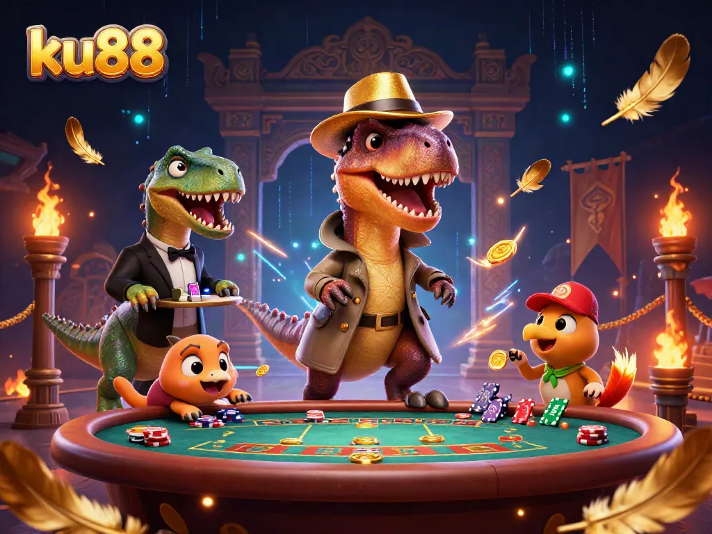 Experience exciting gameplay at ku88 with a vibrant 3D dinosaur-themed casino scene featuring card games and intrigue.