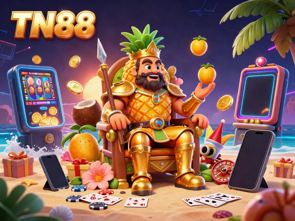 Experience the vibrant casino atmosphere with TN88's golden pineapple king surrounded by engaging gambling elements.