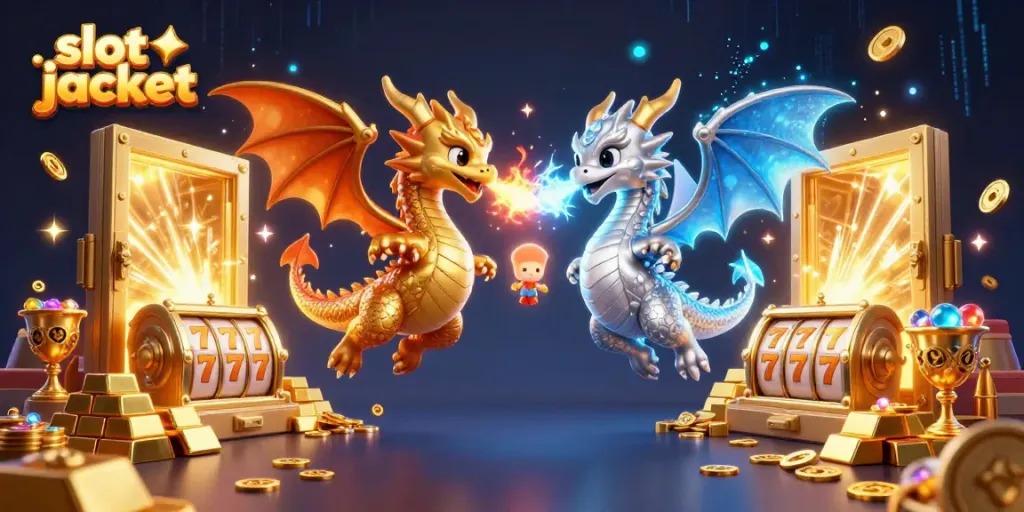 Experience the thrill of slot jackpot action with golden dragons battling in dynamic gameplay.