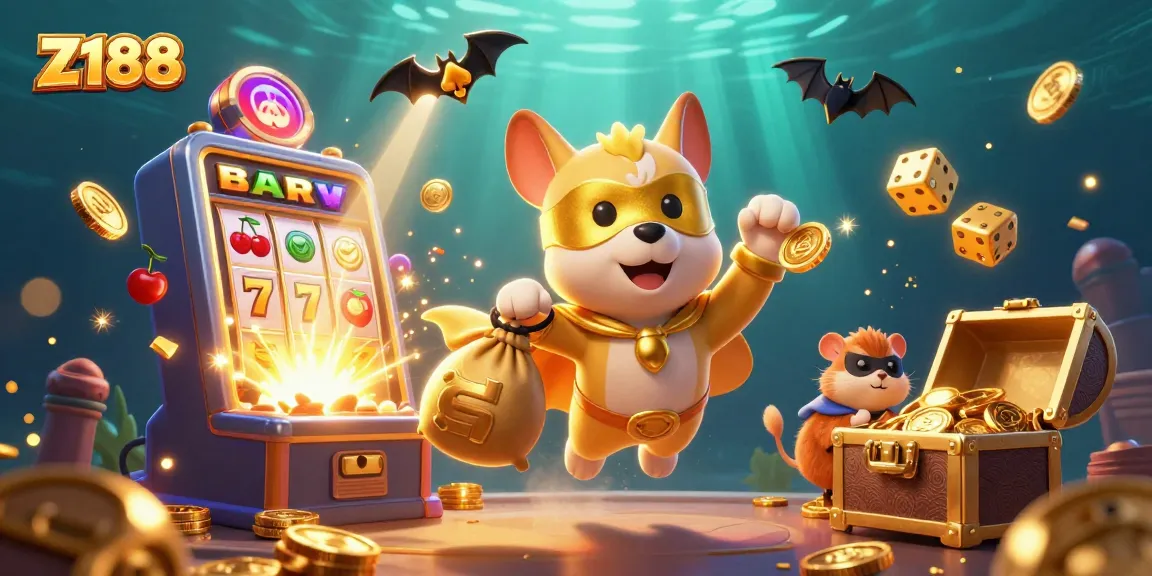 Z188 promo featuring a superhero dog and hamster with jackpots, colorful casino elements exploding