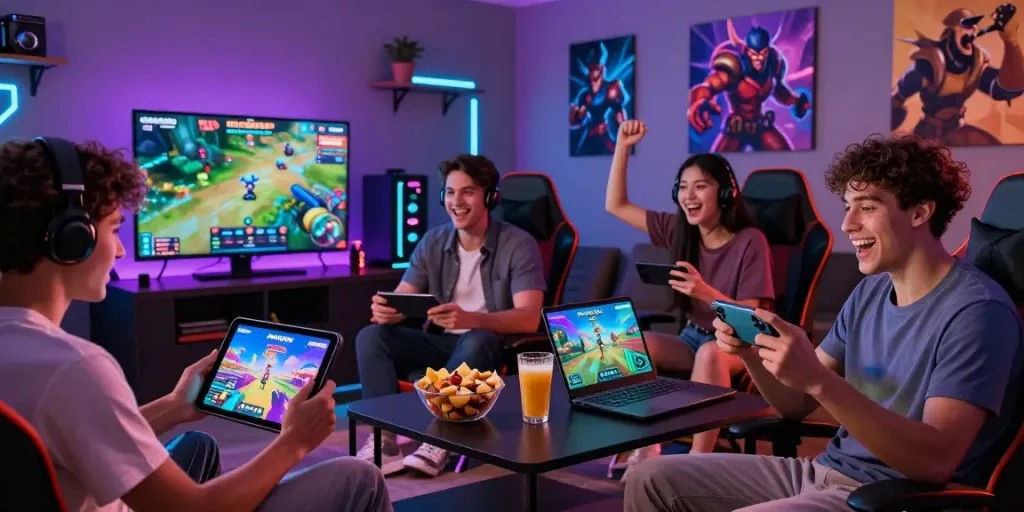 Friends enjoying gaming on ROKOK88 platform with modern devices and vibrant gaming room.