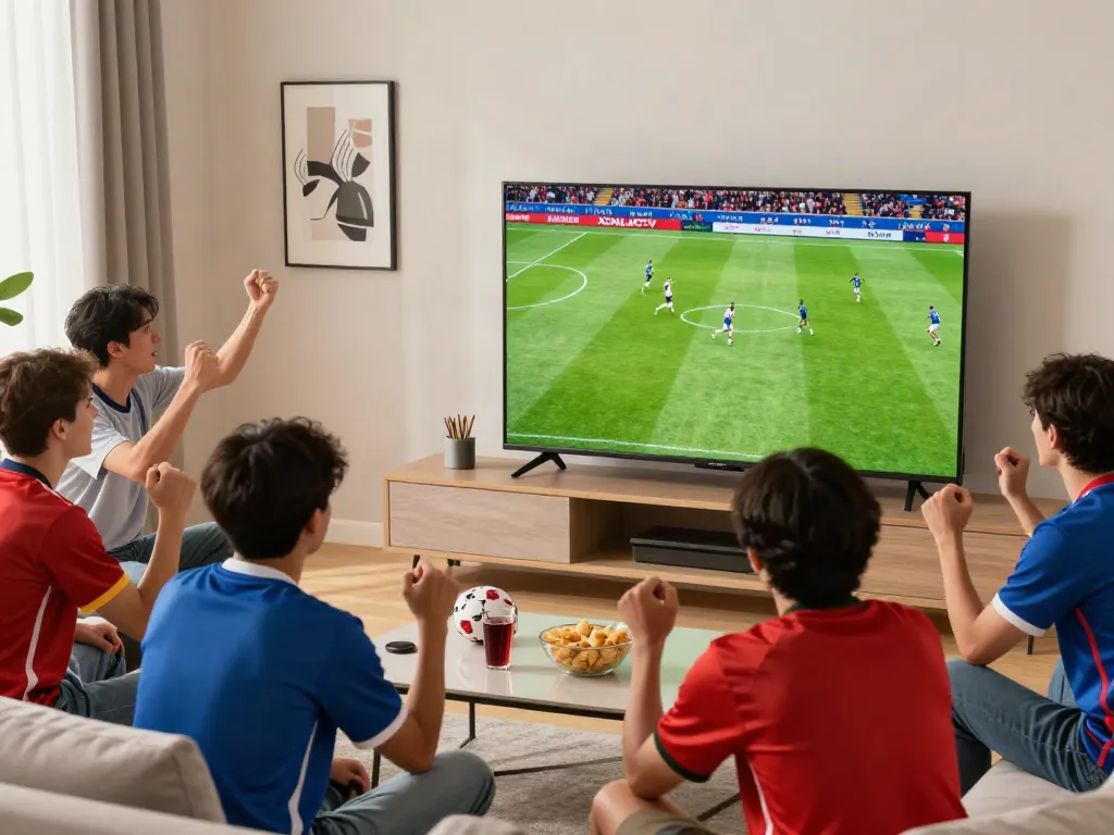 Fans enjoying a live match on xôi lạc tv in a cozy living room