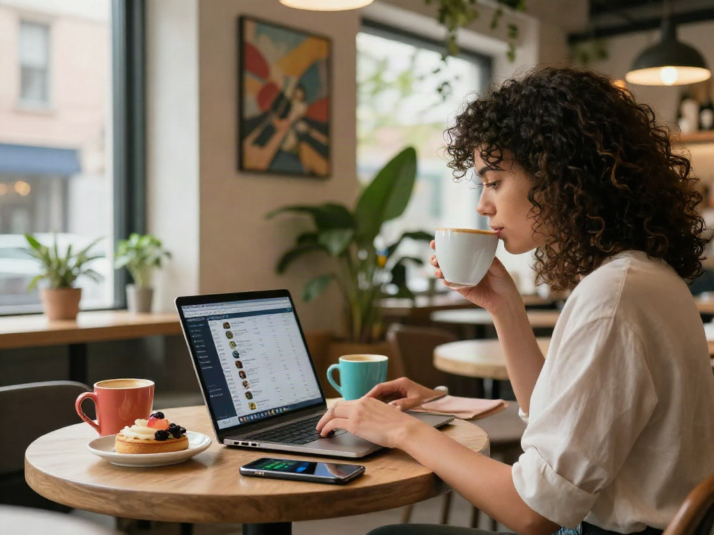 Young woman crush on social media analytics at café, warm ambiance.