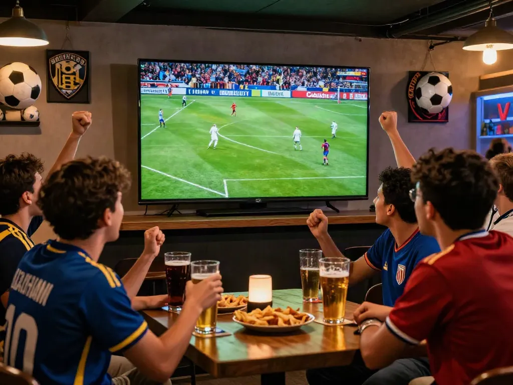 Cà khịa tv fans enjoying live football action in a vibrant pub setting.