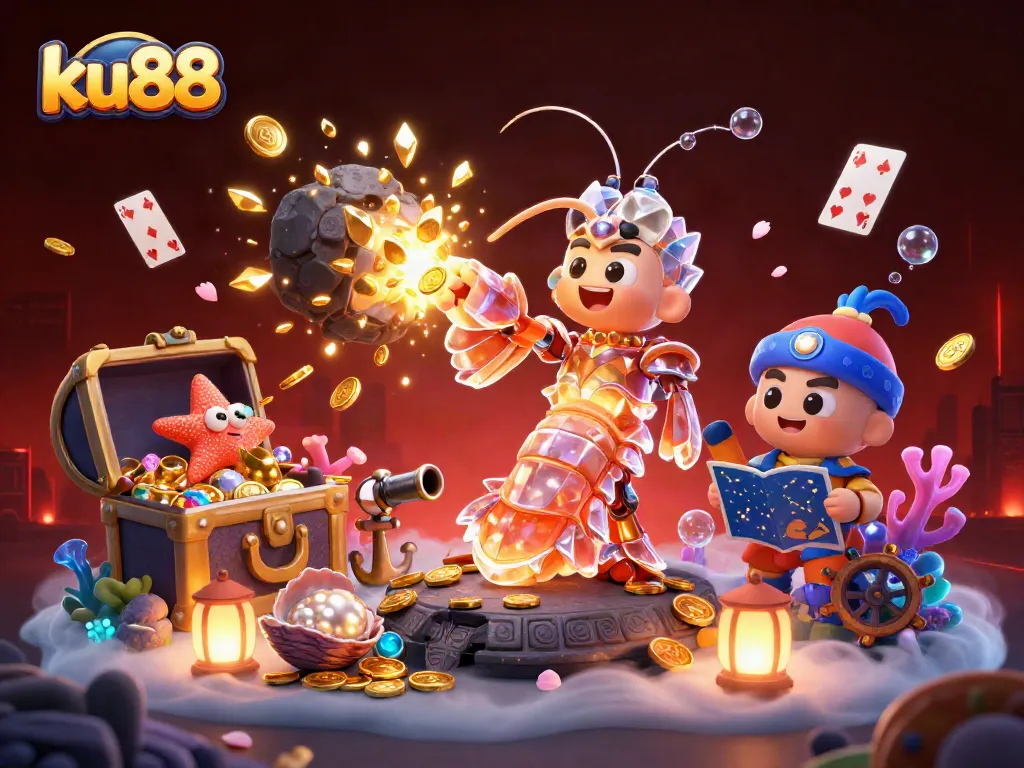 Engage in thrilling gameplay at ku88 with vibrant 3D characters surrounded by exploding treasure and casino elements.