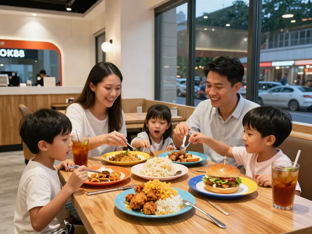 Family dining at ROKOK88 with delicious fast food for a joyful meal.