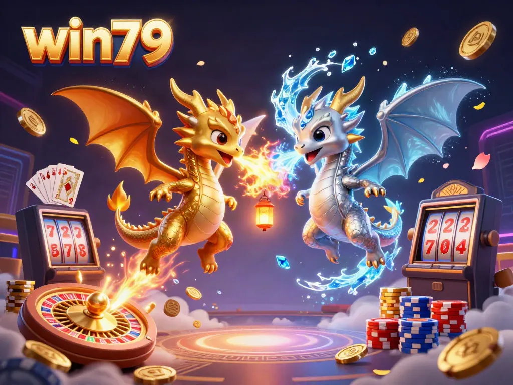 Experience the excitement of win79 as twin dragons breathe fire and ice amidst a vibrant casino scene.