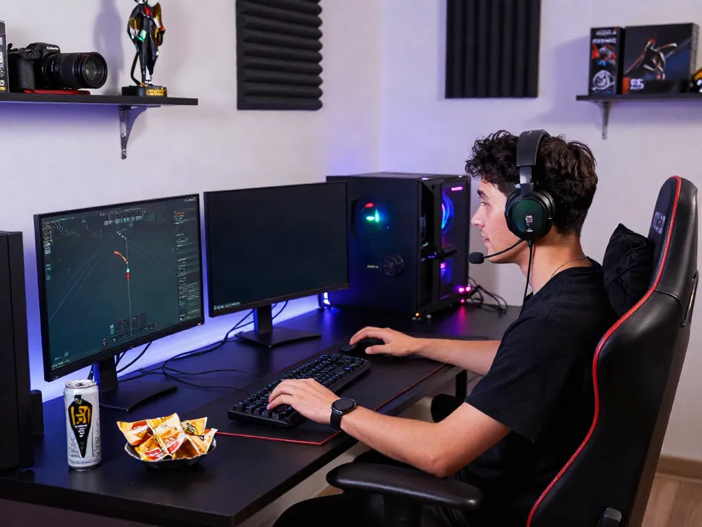 Professional gamer at a sleek gaming setup, highlighting rokok88 events and culture.