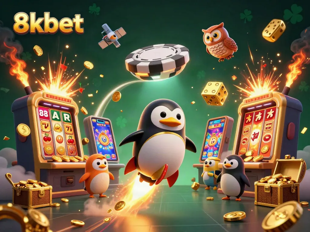 Engage in winning with 8xbet, where a golden penguin and colorful casino elements create an exciting gaming adventure.