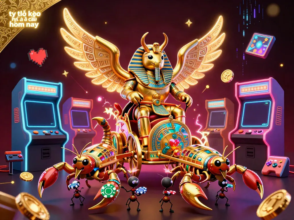 Engage with tỷ lệ kèo nhà cái hôm nay through 3D casino elements featuring golden scarab, vibrant arcade games, and gaming excitement.