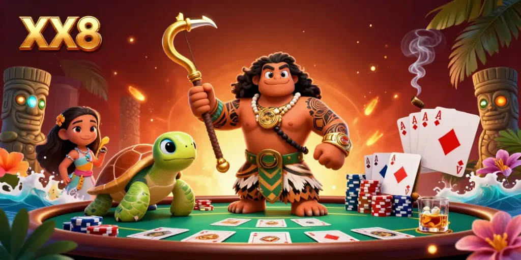 Engage in thrilling poker action at XX8 with lively characters and vibrant casino elements.