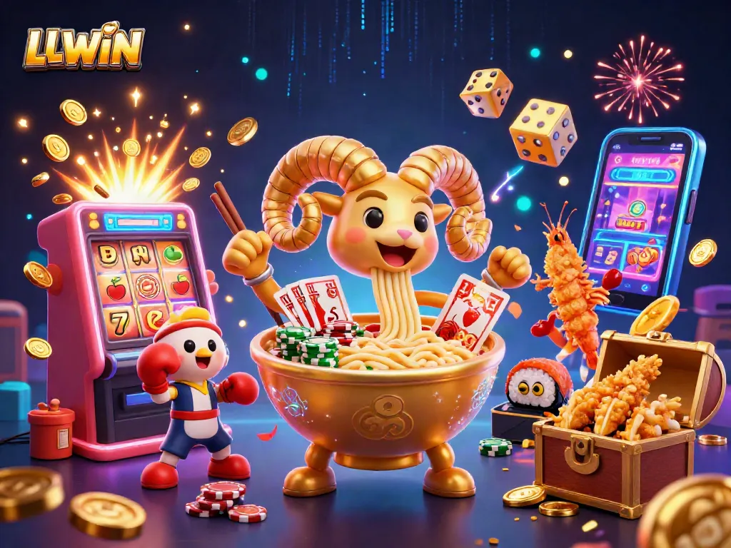 LLWIN promotes an exciting gaming experience with vibrant 3D illustrations of casino elements.