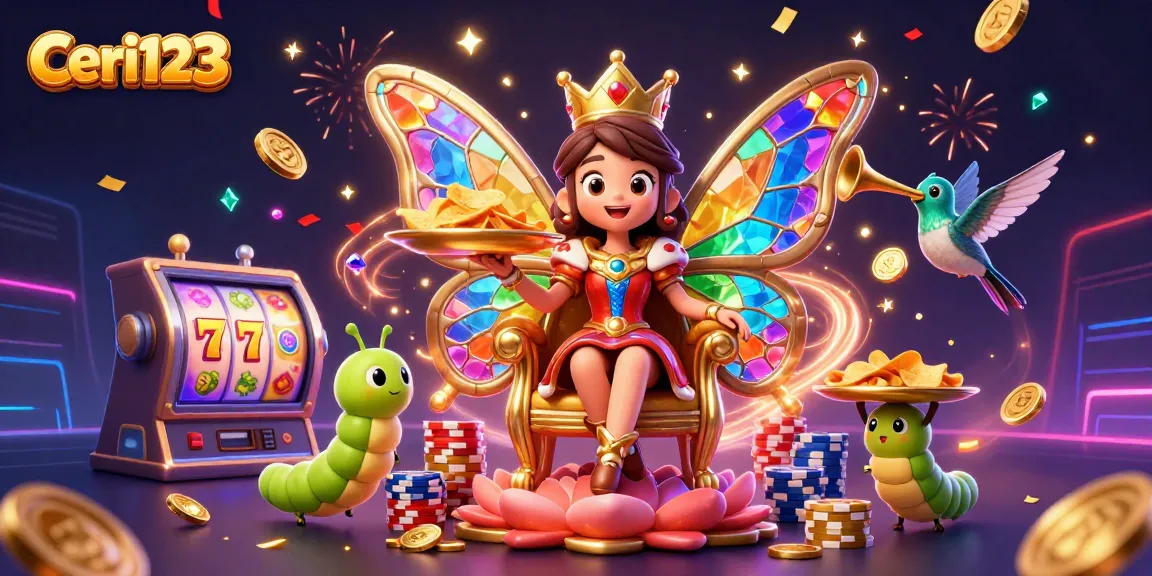Experience thrilling slot action with Ceri123, showcasing a vibrant 3D butterfly queen and dazzling game elements.