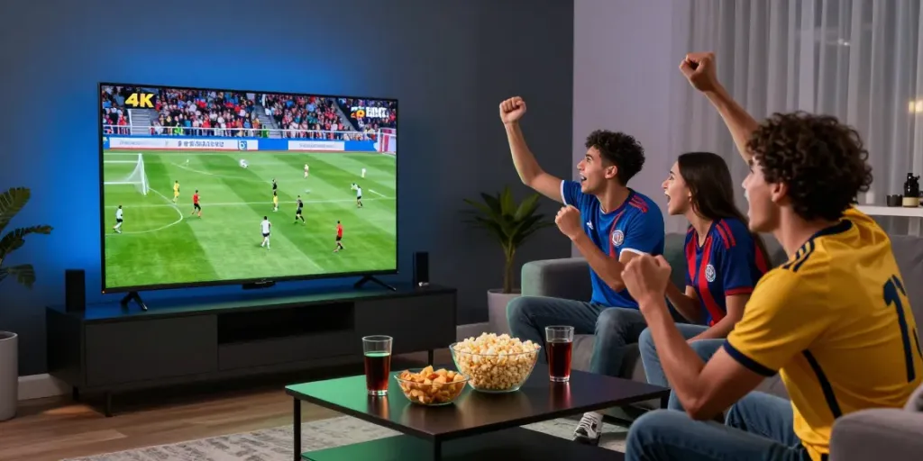 Excited fans watching gà vàng tv live soccer match in a modern living room.