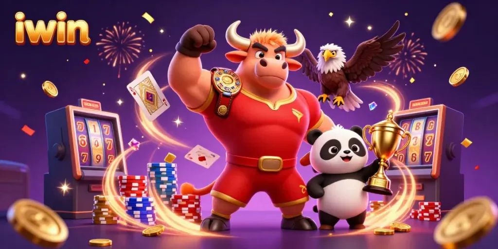 iwin mascot characters celebrating with coins and cards in a vibrant casino scene