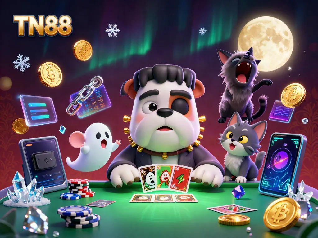 TN88 betting scene with Frankenstein bulldog monster dealing cards and ghost mouse floating.