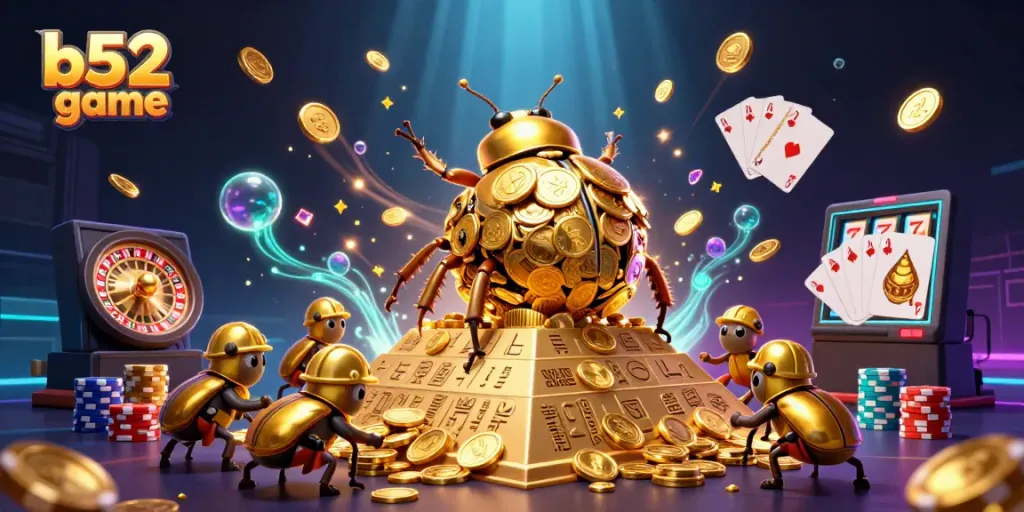 Engage in thrilling b52 game with golden coin beetles and vibrant casino elements.
