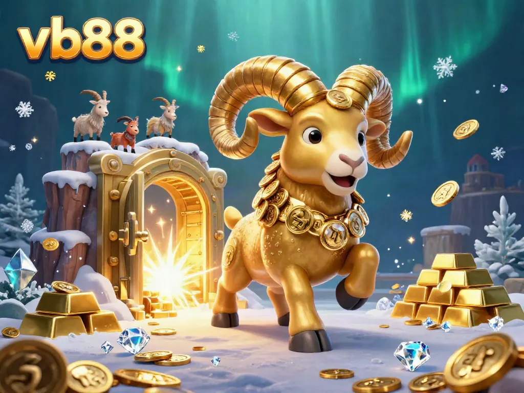 Experience VB88's thrilling gaming adventure with a golden ram charging through a treasure filled scene.