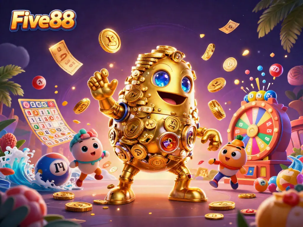 Experience the dynamic world of Five88 with a vibrant golem and immersive casino elements.