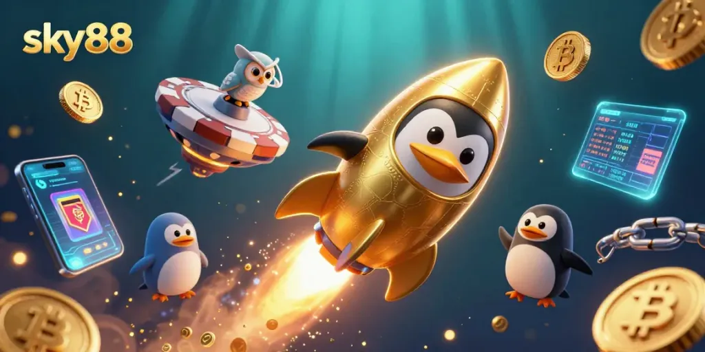 Experience thrilling wins at sky88 with a golden penguin racing towards a vibrant casino station.