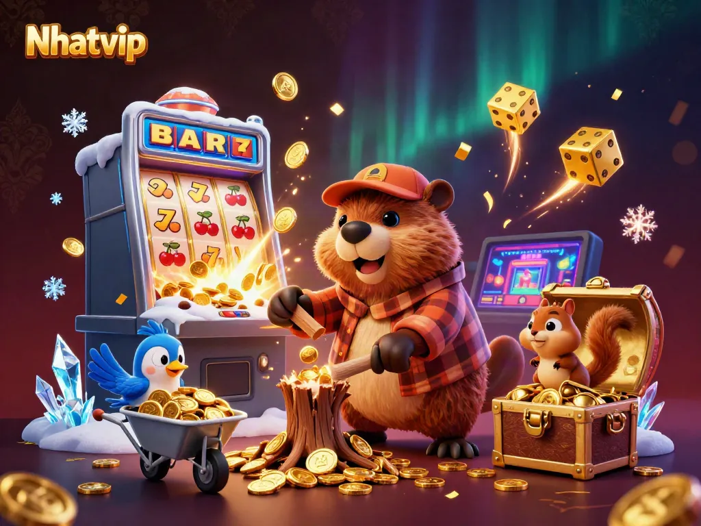 Nhatvip engages players with an exciting jackpot scene featuring cartoon characters collecting coins and prizes.