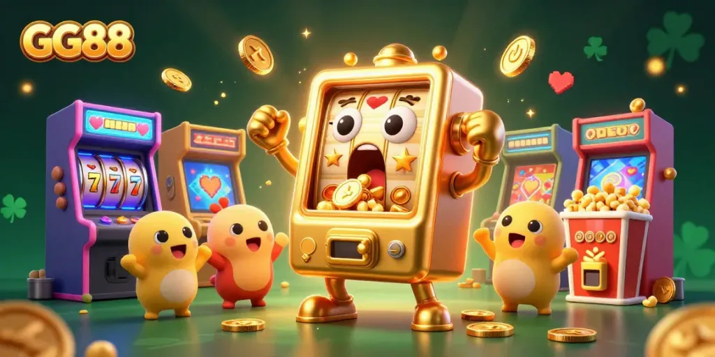 GG88 slot machine hits jackpot, surrounded by cheering baby slots and arcade elements.