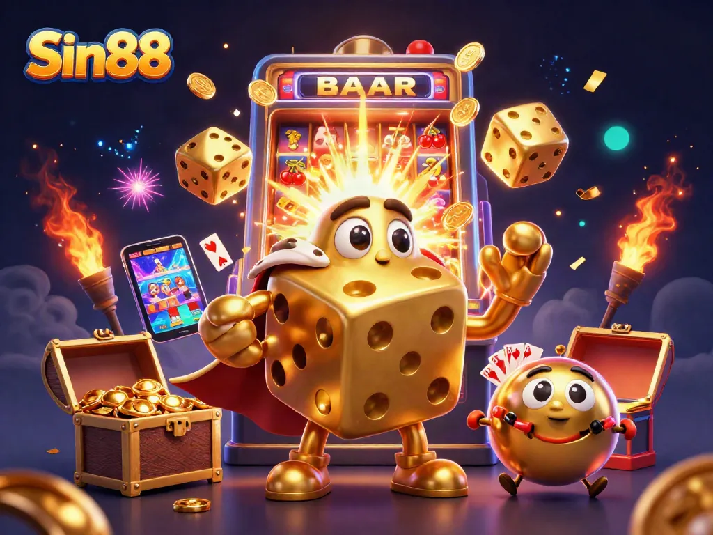 Sin88 engages gamblers with a vibrant illustration of a golden dice golem and a slot machine revealing jackpot excitement.