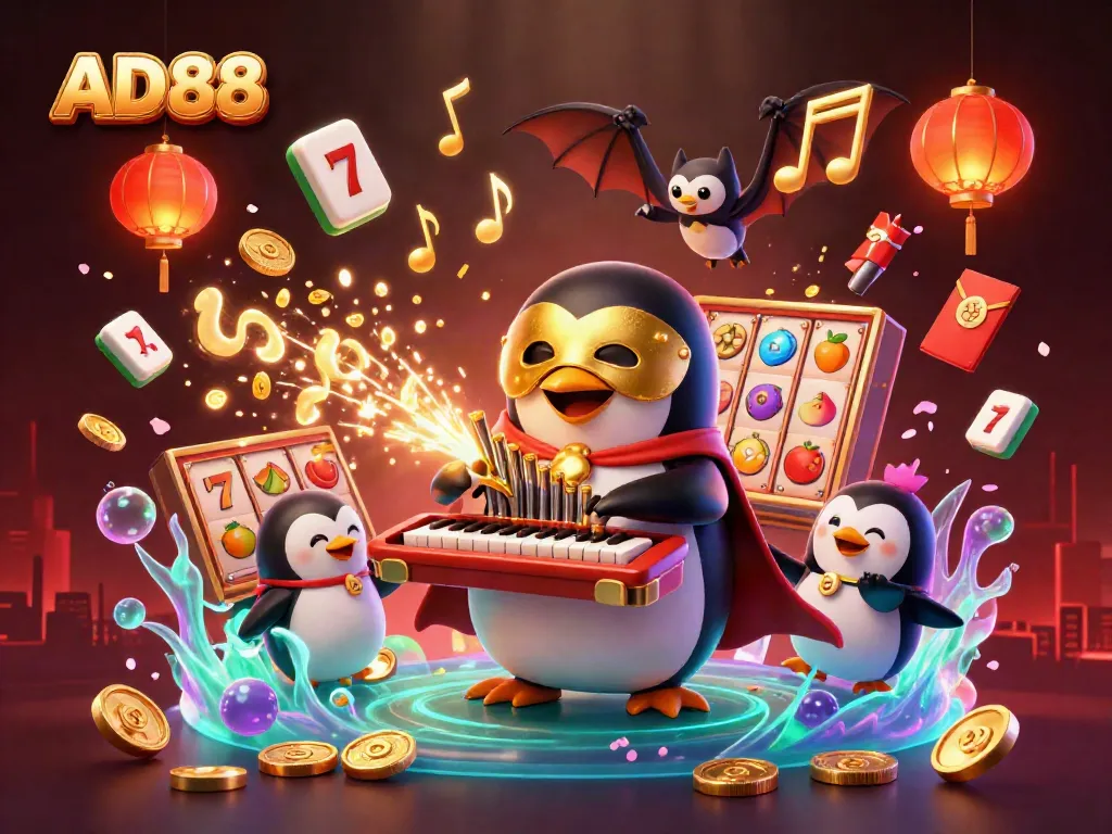 Spin juicy slots and collect golden coins at AD88 with a vibrant casino-themed illustration.