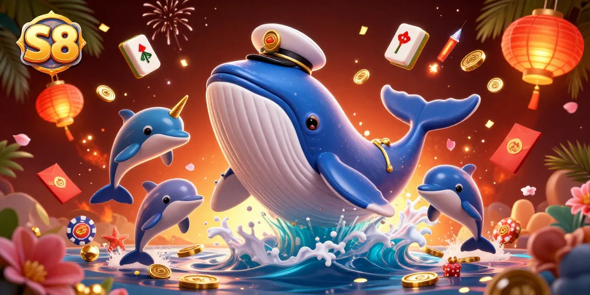 S8 offers thrilling jackpot opportunities with a 3D whale, narwhal, and dolphins surrounded by coins.