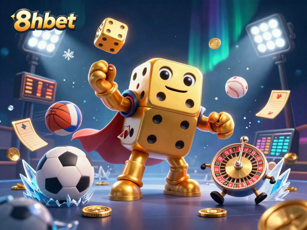Engage with 8xbet's vibrant scene showcasing golden dice and sports elements in a thrilling casino setting