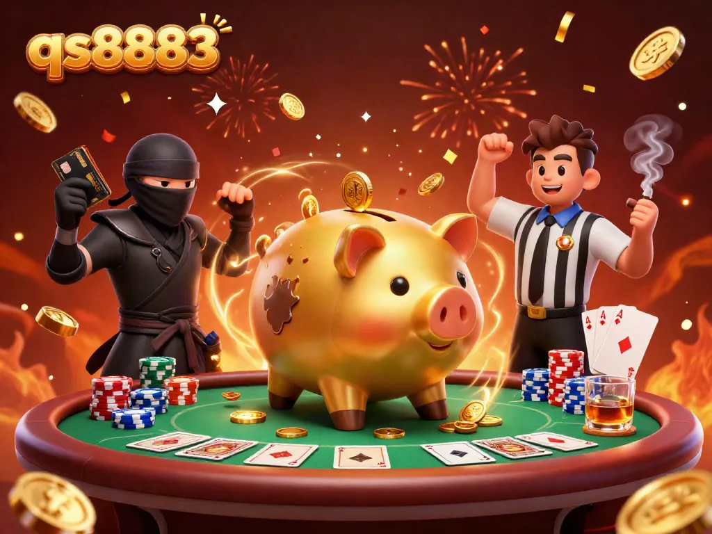 Experience the exciting gaming action at qs8883 with golden piggy banker, ninja opponents, and poker elements!