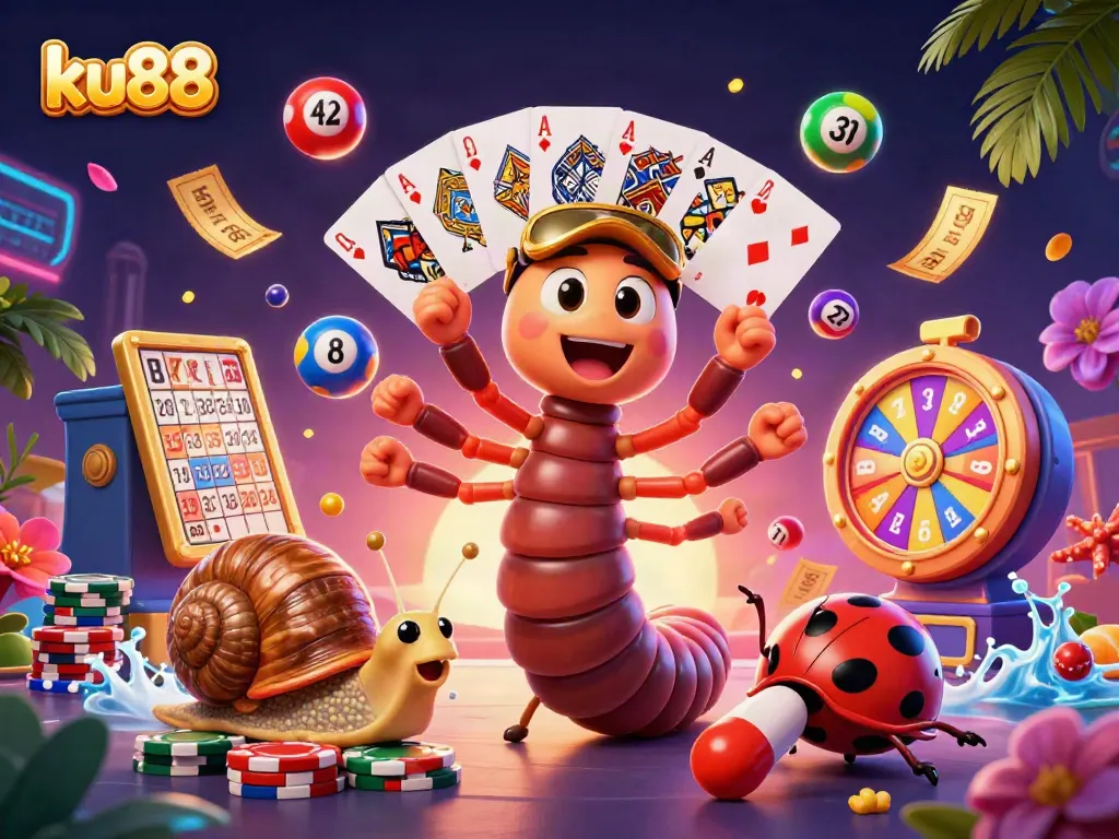 ku88's vibrant gambling scene featuring a millipede dealer and a snail high-roller in an exciting digital casino